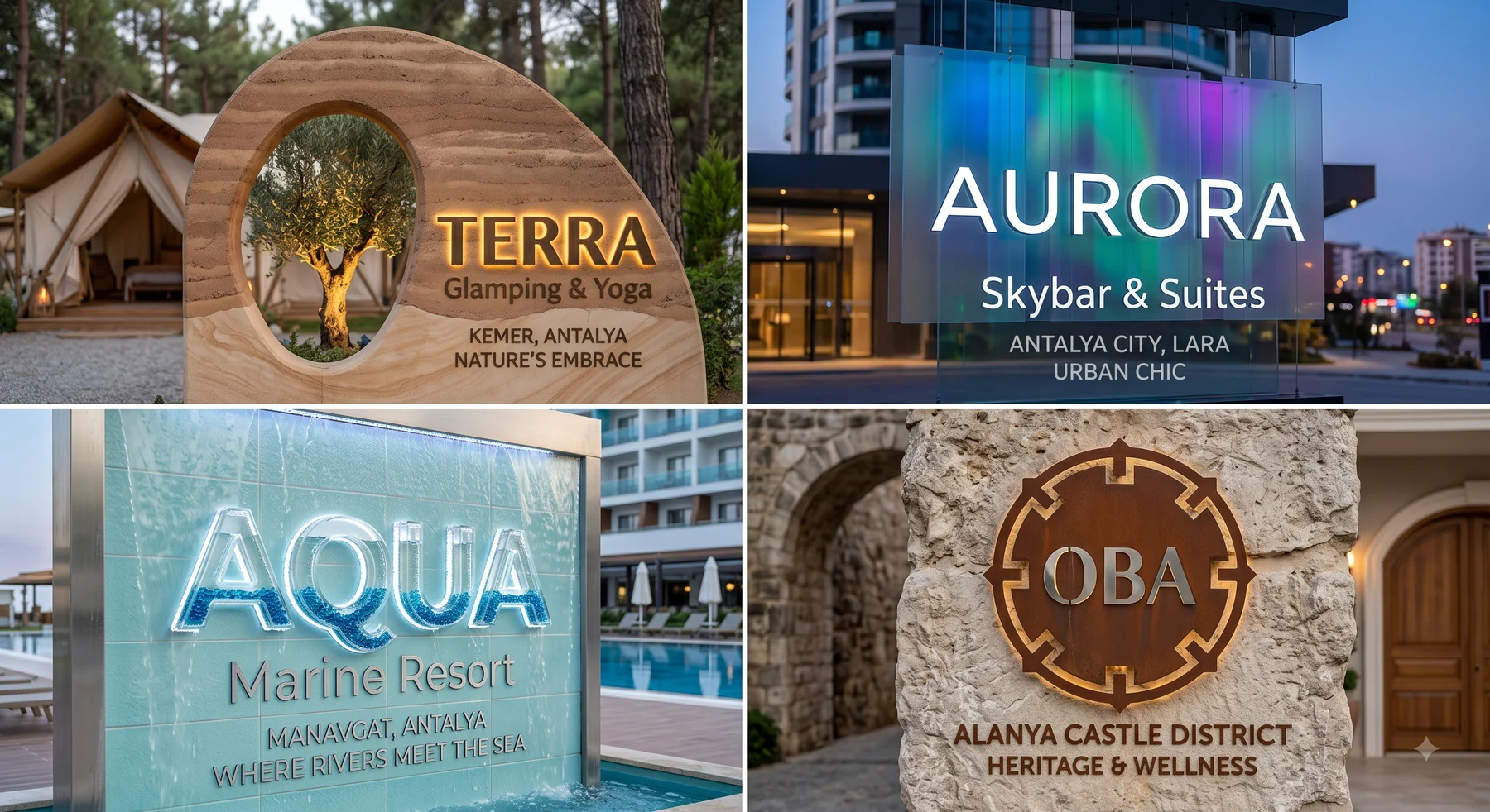 Otel, resort ve glamping dış mekân tabela tasarımları